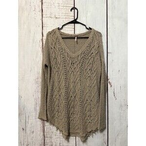 Free People Cross My Heart Sweater Open Knit Tunic Raw Hem Oversize Brown Sze XS